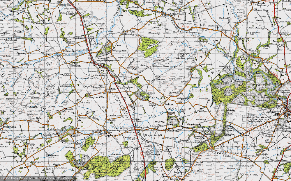 Old Map of Historic Map covering Shawdon Burn in 1947