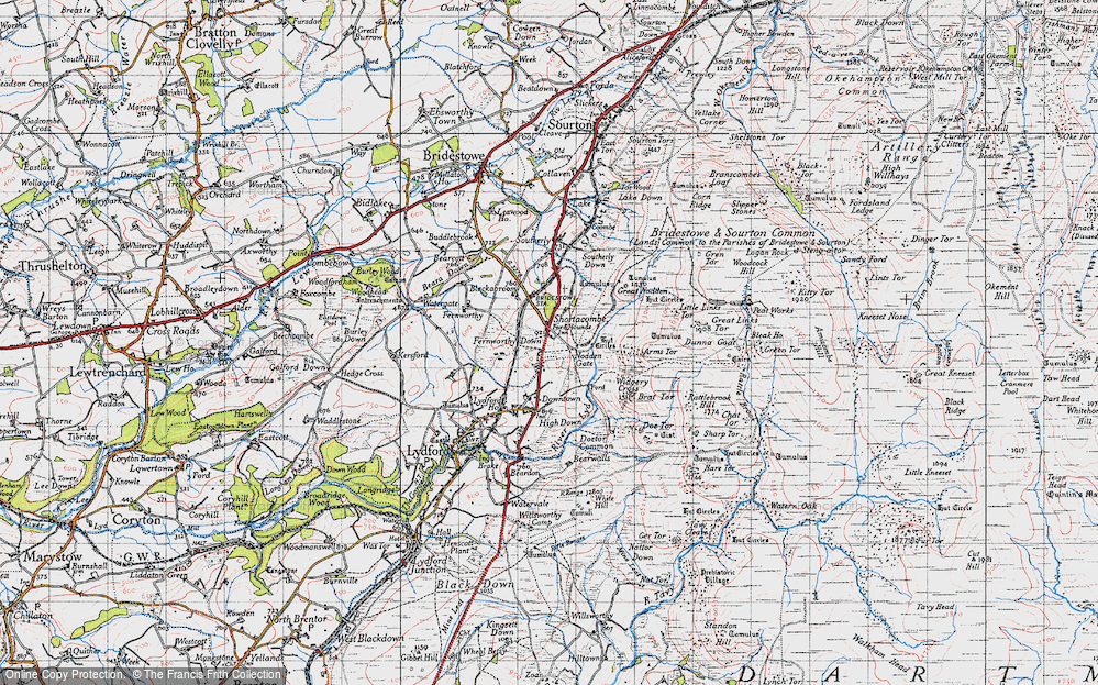 Old Map of Historic Map covering Widgery Cross in 1946