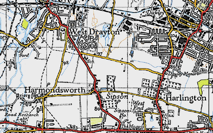 Old map of Sipson in 1945