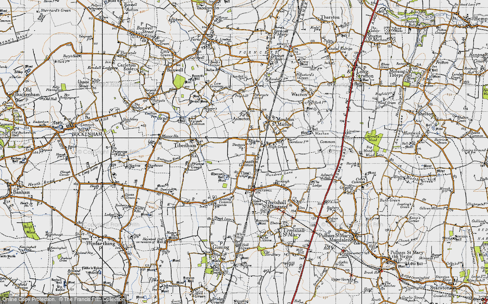Old Map of Historic Map covering Tibenham Airfield in 1946