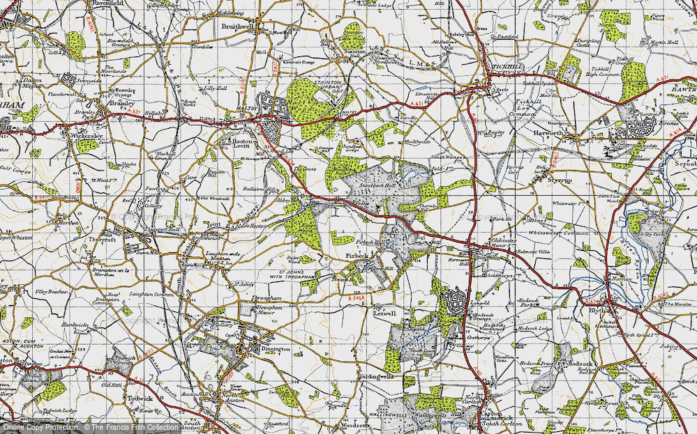 Old Map of Historic Map covering Roche Abbey in 1947
