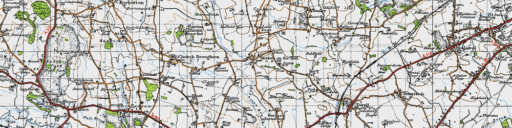 Old map of Sutton on the Hill in 1946