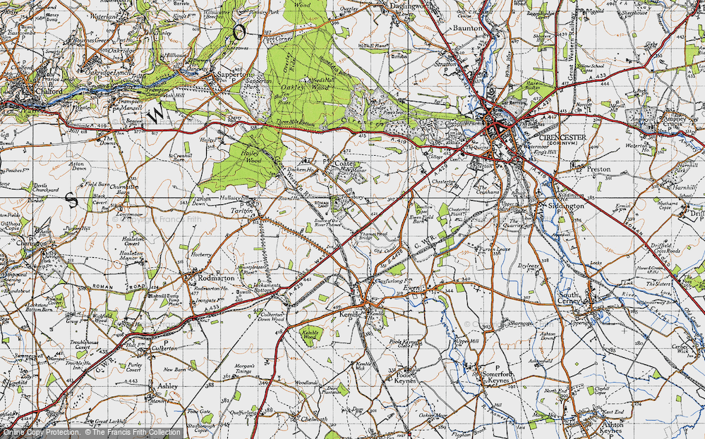 Old Map of Historic Map covering Source of the River Thames in 1947