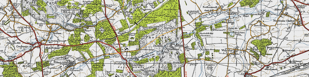 Old map of Budby Corner Plantations in 1947