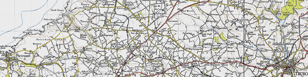 Old map of Three Burrows in 1946