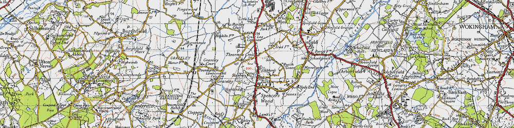 Old map of Three Mile Cross in 1940