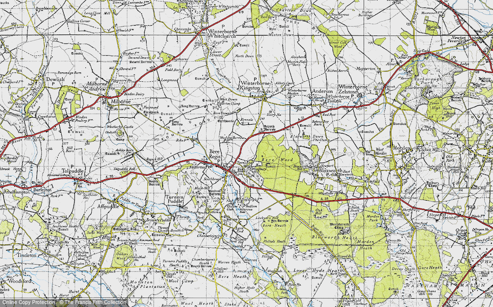 Old Map of Historic Map covering Woodbury Hill (Fort) in 1945