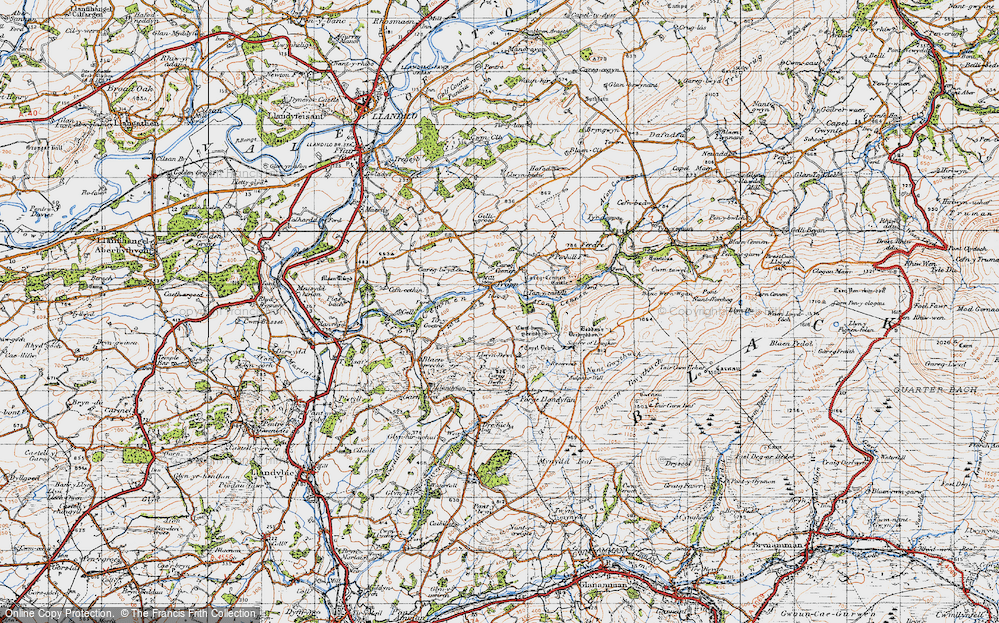 Old Map of Historic Map covering Afon Cennen in 1947