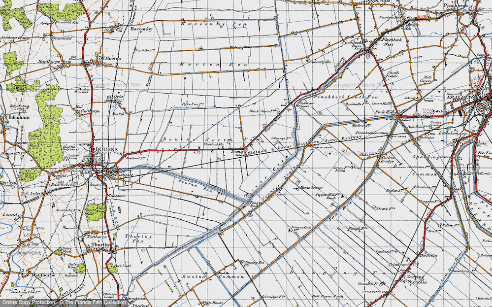 Old Map of Historic Map covering Bourne North Fen in 1946