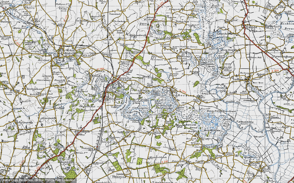 Old Map of Historic Map covering Wroxham Broad in 1945