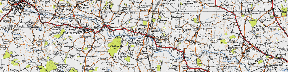 Old map of Wakes Colne in 1945