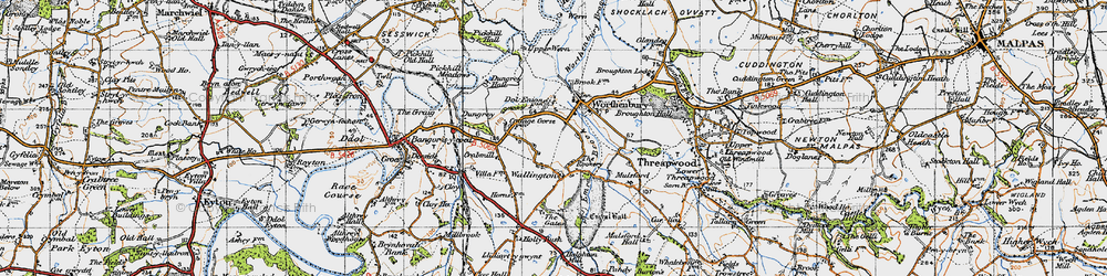 Old map of Worthenbury Brook in 1947