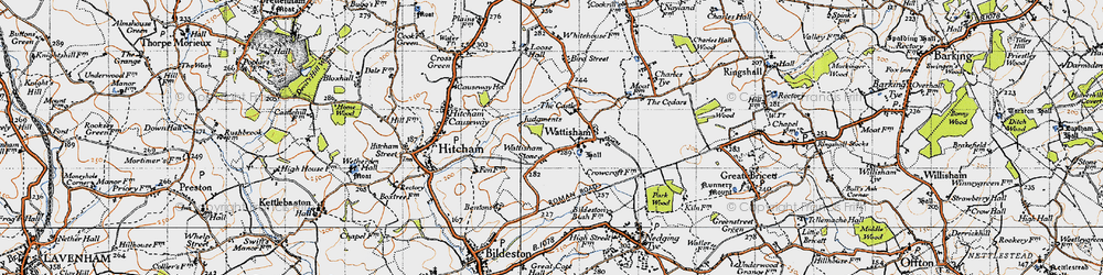 Old map of Wattisham Stone in 1946