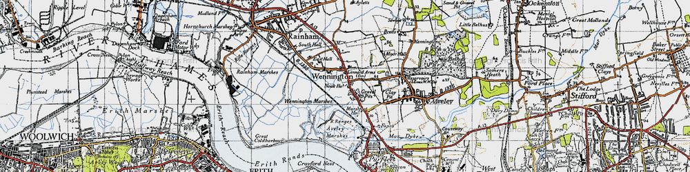 Old map of Aveley Marshes in 1946