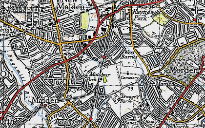 Old map of West Barnes in 1945