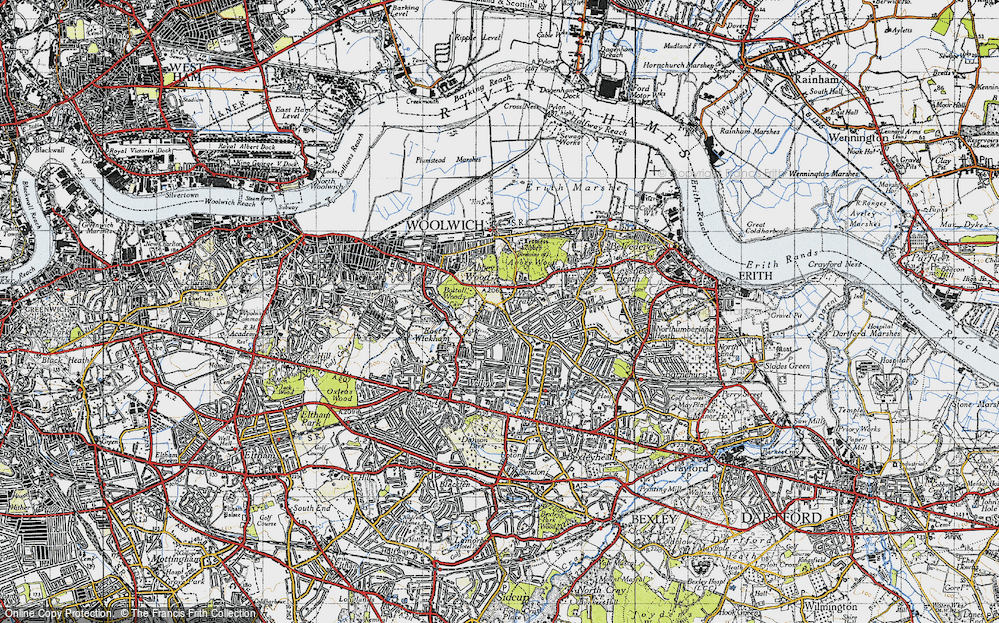 Old Map of Historic Map covering Lesnes Abbey Woods in 1946