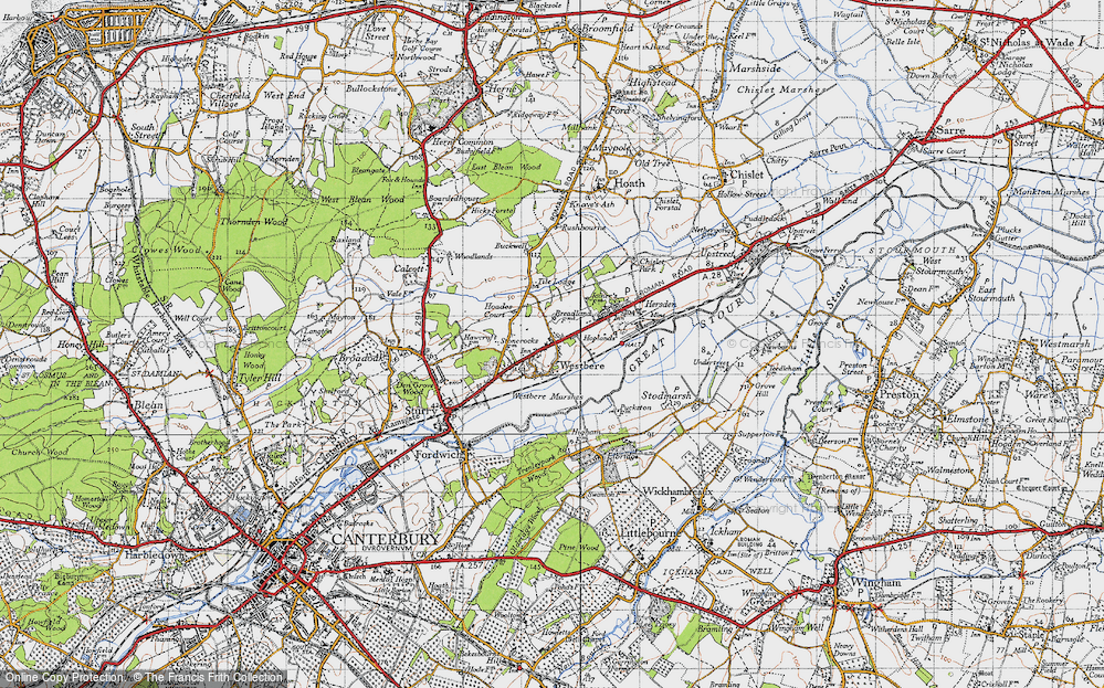Old Map of Historic Map covering Westbere Marshes in 1947