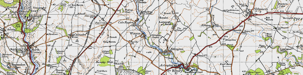 Old map of Ablington Downs in 1946