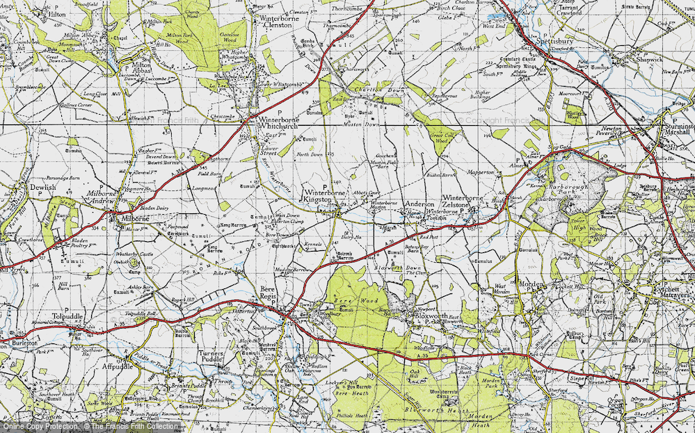 Old Map of Historic Map covering Bere Down in 1945