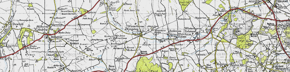 Old map of Winterborne Kingston in 1945