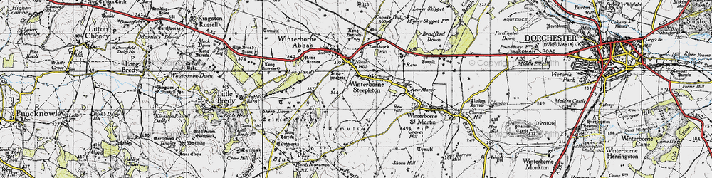 Old map of Winterbourne Steepleton in 1945