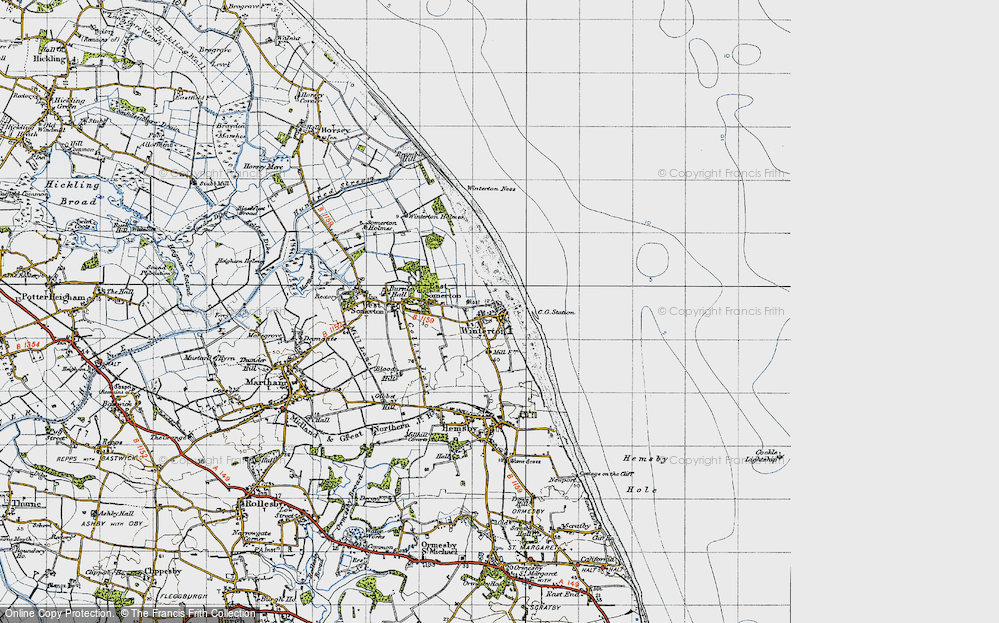 Old Map of Historic Map covering Winterton Dunes (Nature Reserve) in 1945