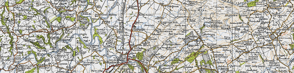 Old map of Wiswell Moor Houses in 1947