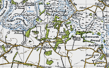 Old map of Woodbastwick Fens & Marshes in 1945