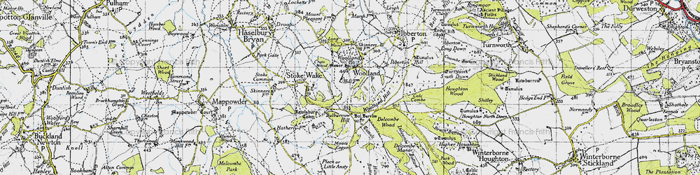 Old map of Woolland Hill in 1945