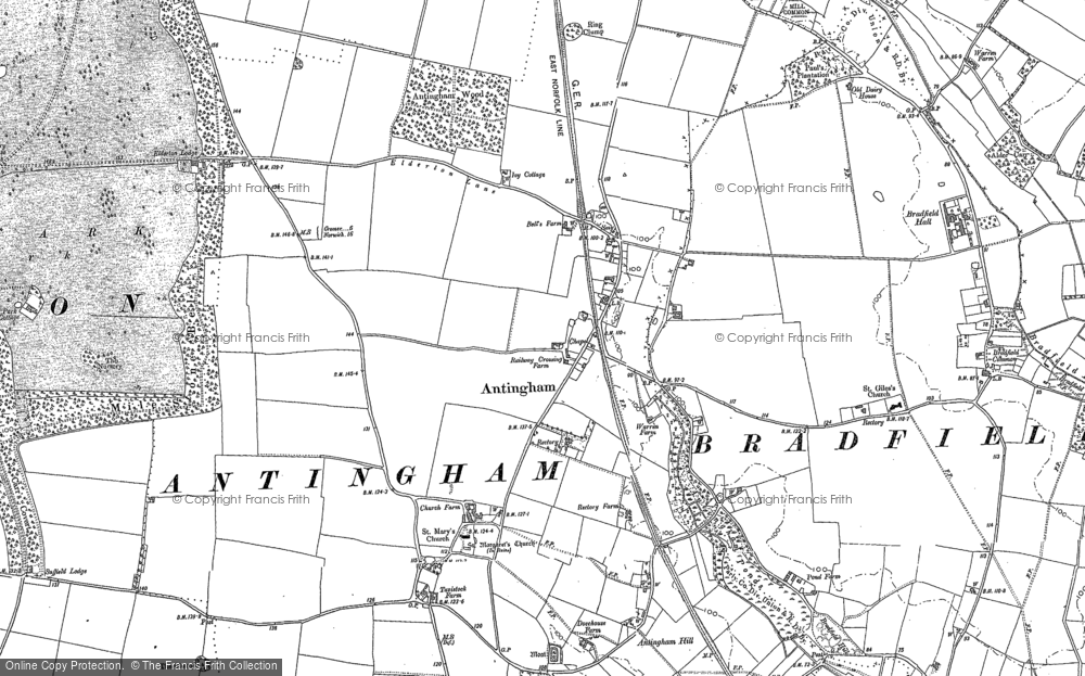 Old Map of Historic Map covering Antingham Hall in 1884