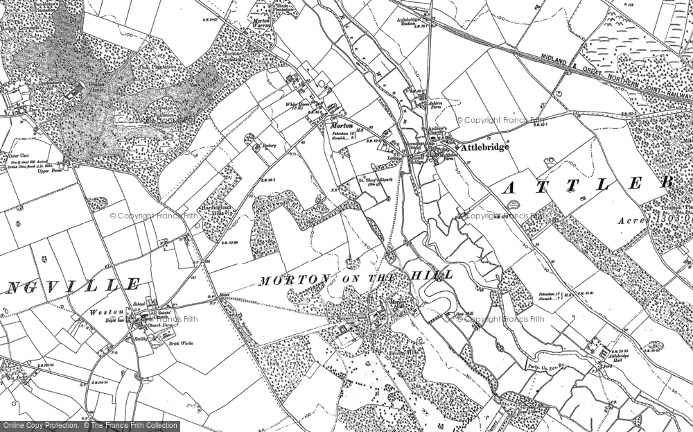 Old Map of Historic Map covering Attlebridge Hills in 1882
