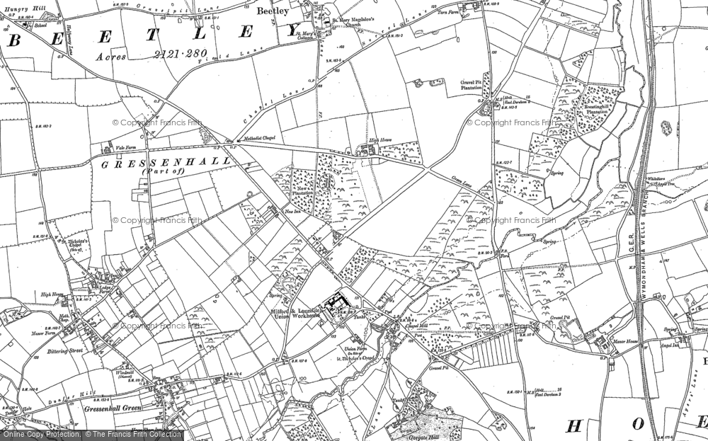 Old Map of Historic Map covering Beetley Hall in 1882