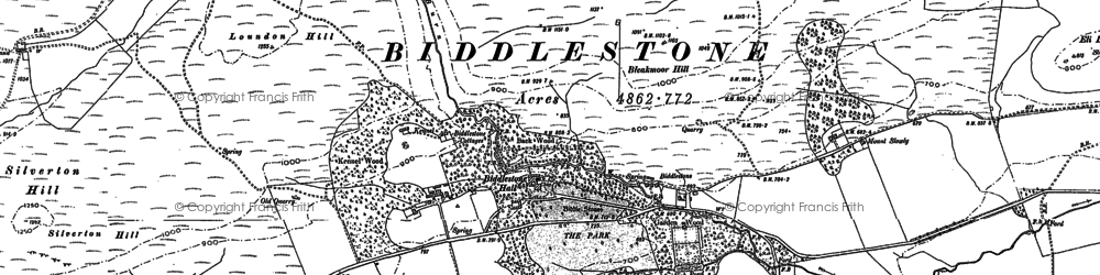 Old map of Biddlestone Burn in 1896