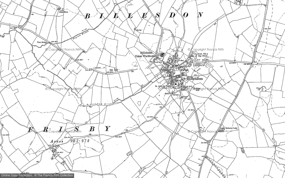 Old Map of Historic Map covering Billesdon Brook in 1884