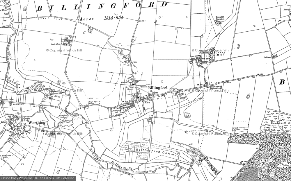 Old Map of Historic Map covering Billingford Common in 1883