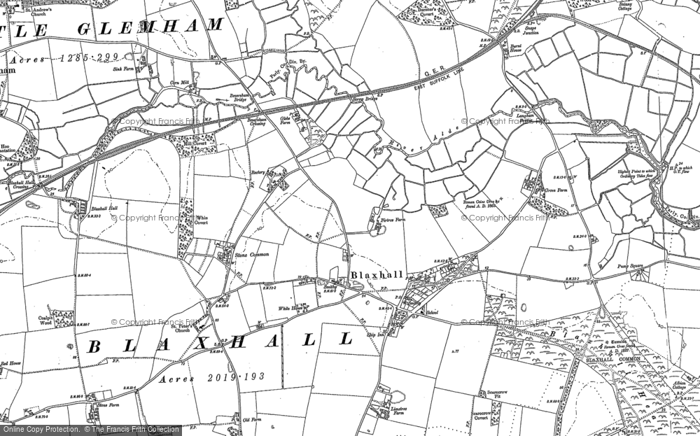 Old Map of Historic Map covering Blaxhall Common in 1883