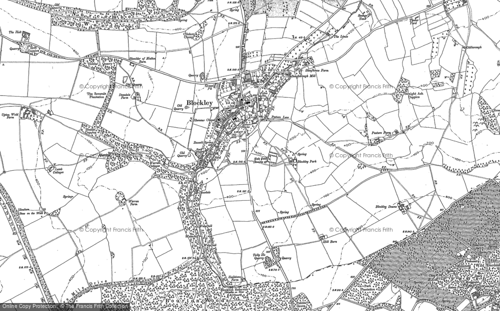 Old Map of Historic Map covering Bourton Woods in 1883