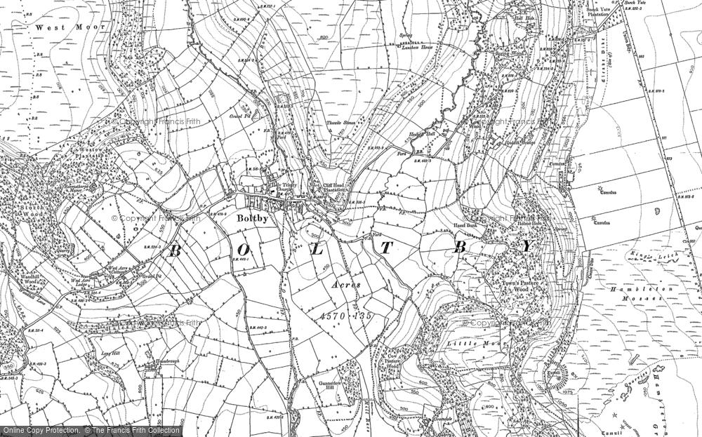 Old Map of Historic Map covering Boltby Scar in 1891