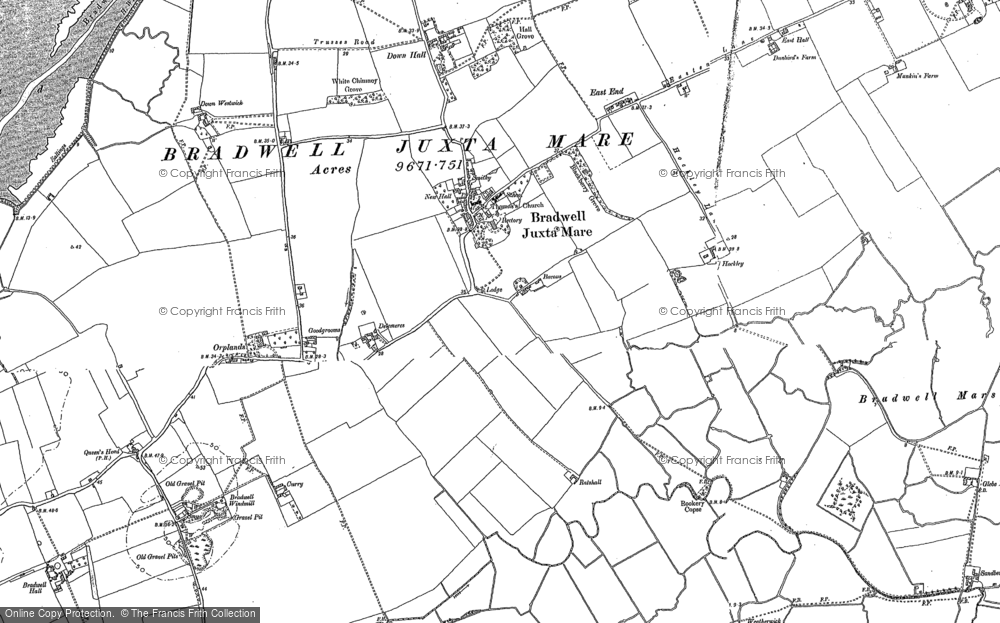 Old Map of Historic Map covering Bradwell Marshes in 1886