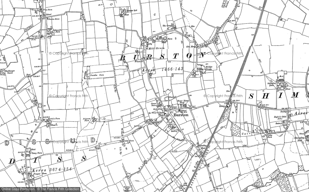 Old Map of Burston, 1883 in 1883