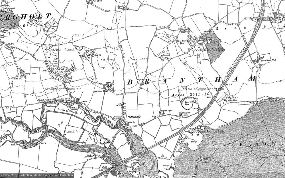 Old Map of Historic Map covering Brantham Hall in 1896
