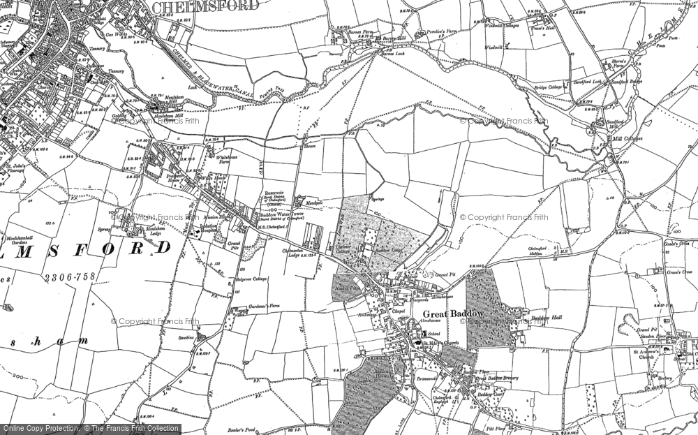 OLD ORDNANCE SURVEY MAP CHELMSFORD SOUTH 1895 BADDOW ROAD NEW LONDON ROAD 