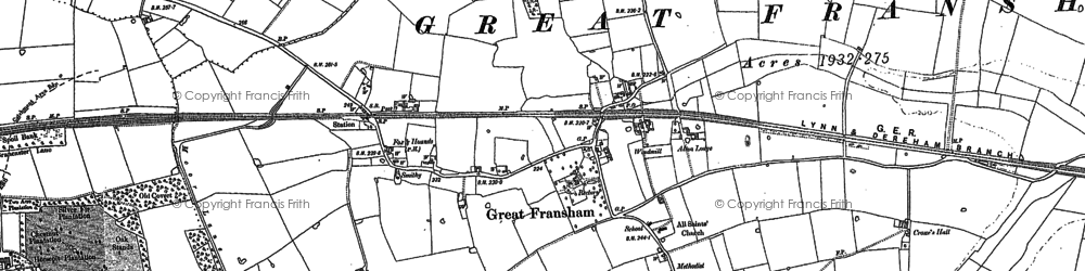Old map of Great Fransham in 1882