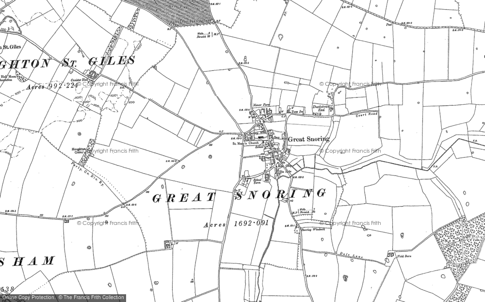 Old Map of Historic Map covering Thorpland Hall in 1885