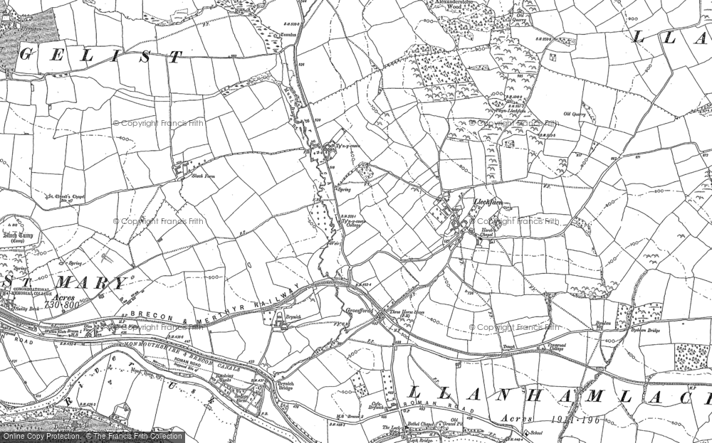 Old Map of Historic Map covering Llechfaen in 1886