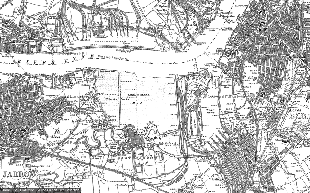 OLD ORDNANCE SURVEY MAP EAST JARROW 1895 TEMPLE TOWN DEE ST TYNE DOCK ST BEDE 