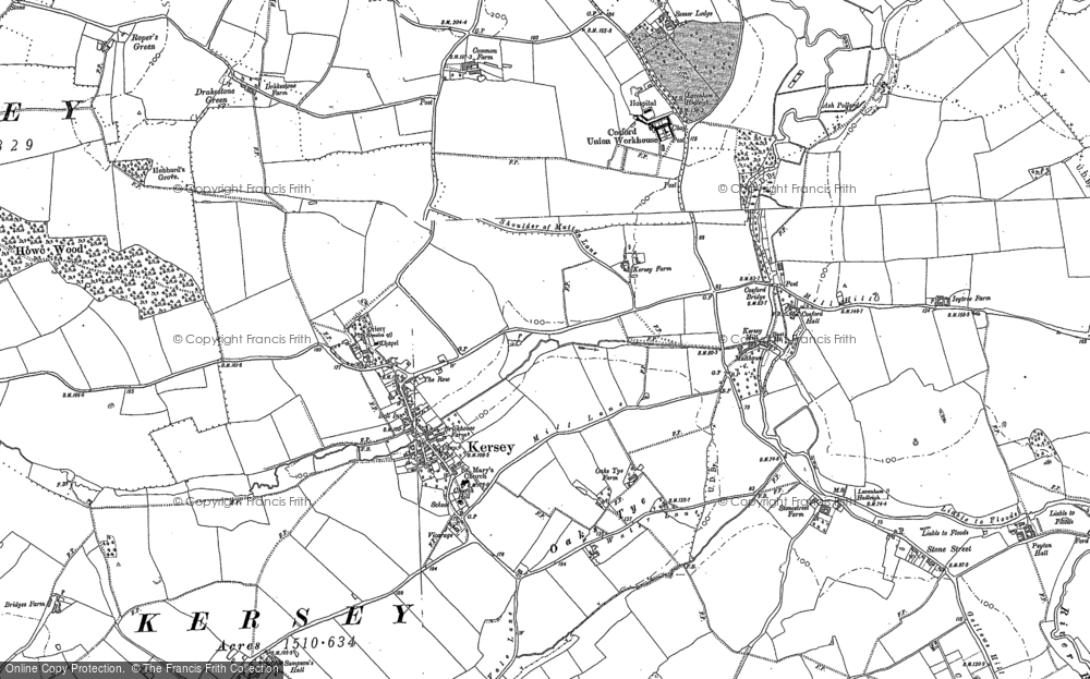 Old Map of Historic Map covering Kersey Upland in 1884