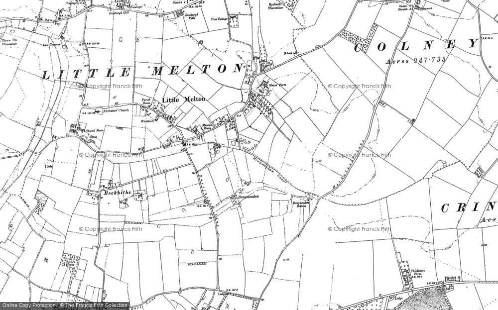 Old Map of Historic Map covering Bawburgh Hill in 1881