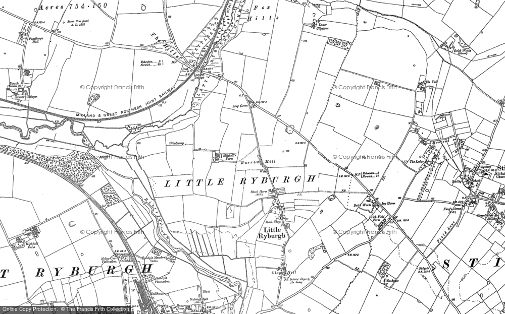 Old Map of Historic Map covering Pensthorpe Hall in 1885