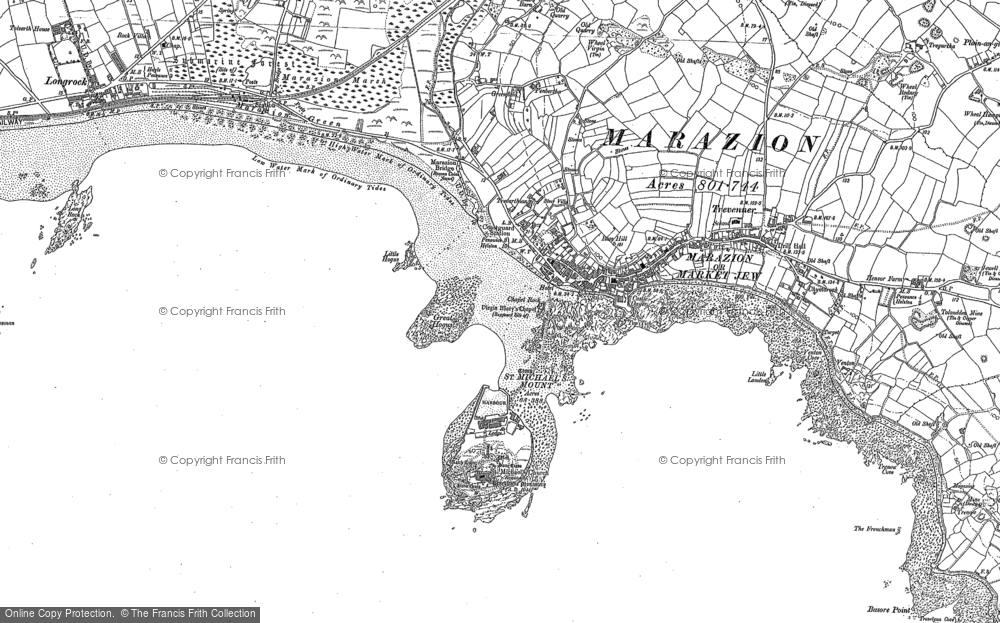 Old map Marazion repro 74-NE Cornwall St Michael's Mount 1909 